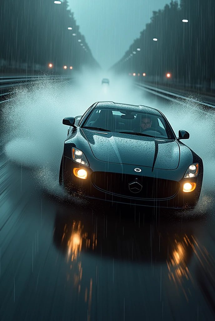 Heavy rain and car run running in speed