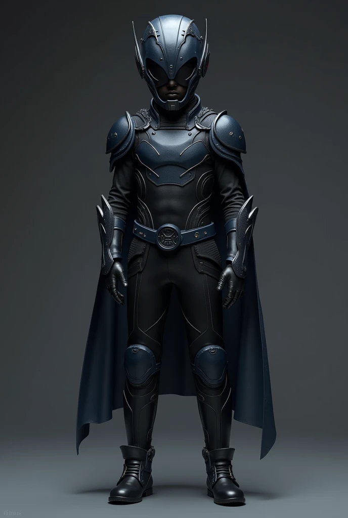 a boy wearing a costume inspired by Shoto from My Hero Academia. black costume, very dark blue, with a metallic vest and pieces of armor that fit the body like armor and a helmet on the head in honor of the god Ermes that joins the mask that covers only the eyes, leaving the mouth exposed, It looks like Magneto&#39;s helmet and Robin&#39;s mask together. realistic suit,  boy of average height. full body suit concept art, standing on neutral dark background. 