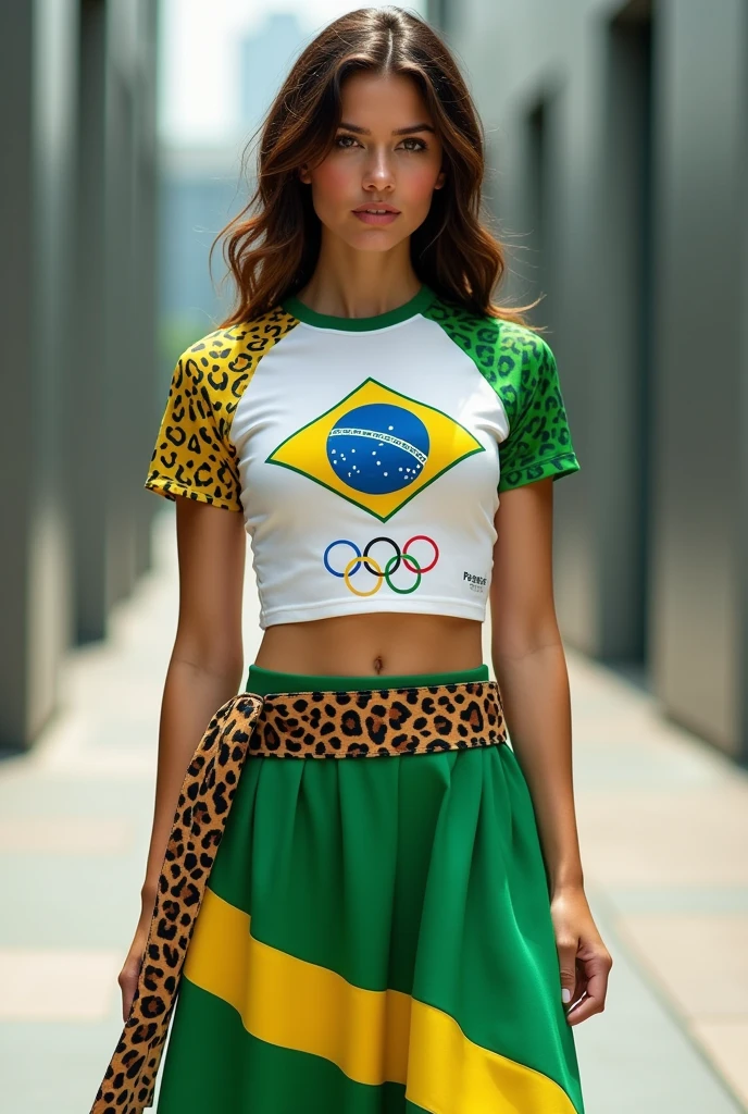 A woman wearing a skirt, green with a slightly thick yellow stripe on the hem, with a belt that contains the jaguar's spots, along with a tight white t-shirt with a green gradient on the shoulders and with jaguar details on the short sleeves of the t-shirt and the Brazilian flag, medium-sized, on the chest and the symbol of the Olympics, medium-sized do outro lado do peito.
