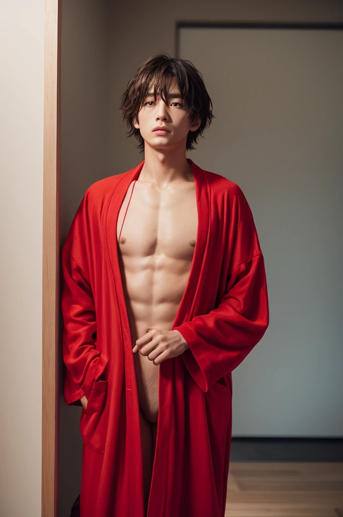 I was about .、In a robe that looks like a red one-piece、He&#39;s also wearing a hat