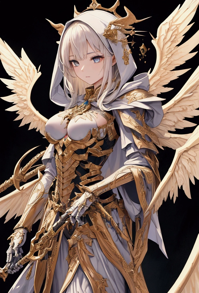 Realistic, 4K, Angel ,Skeleton King with intricate details, Detailed information items and skill images are displayed with dynamic effects + With big wings, sword, Wearing a hood、War background images (chaos)