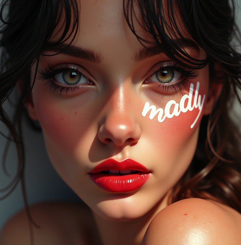a beautiful french fashion model, seductive pose, provocative attitude, looking directly at the viewer, white "Madly" text on right cheek, detailed face, beautiful eyes, lips, high quality, photorealistic, studio lighting, vivid colors, 8k, detailed illustration, baroque style