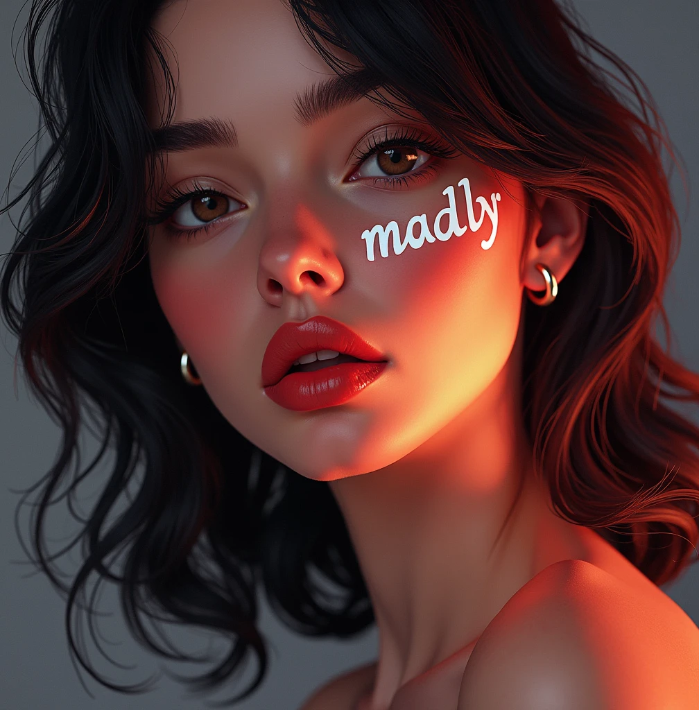 a beautiful french fashion model, seductive pose, provocative attitude, looking directly at the viewer, white "Madly" text on right cheek, detailed face, beautiful eyes, lips, high quality, photorealistic, studio lighting, vivid colors, 8k, detailed illustration, baroque style
