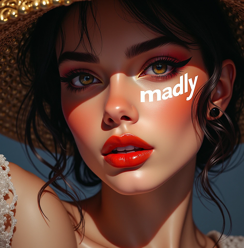 a beautiful french fashion model, seductive pose, provocative attitude, looking directly at the viewer, white "Madly" text on right cheek, detailed face, beautiful eyes, lips, high quality, photorealistic, studio lighting, vivid colors, 8k, detailed illustration, baroque style