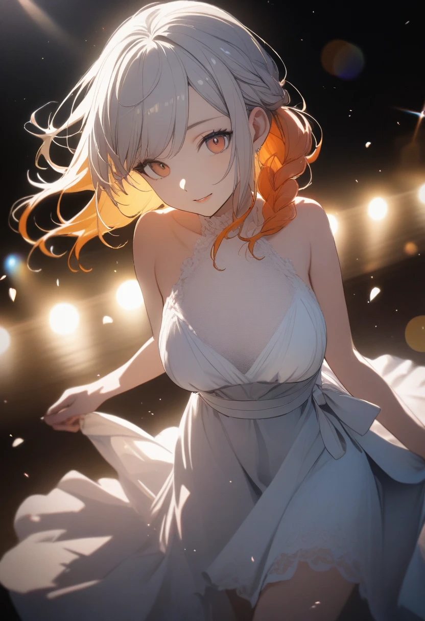 One , ((luxury white  dress))、(Inner color hairstyle), Beautiful Hair orange, Facial Contour, Remember,  Venue, brilliant lighting、splash, Lens flare,, Natural Color, High resolution, Very delicate, Very detailed, 8k,（There is swelling of the breasts、About B cup）、Shyness,((Sexual))、Angle of view from head to toe