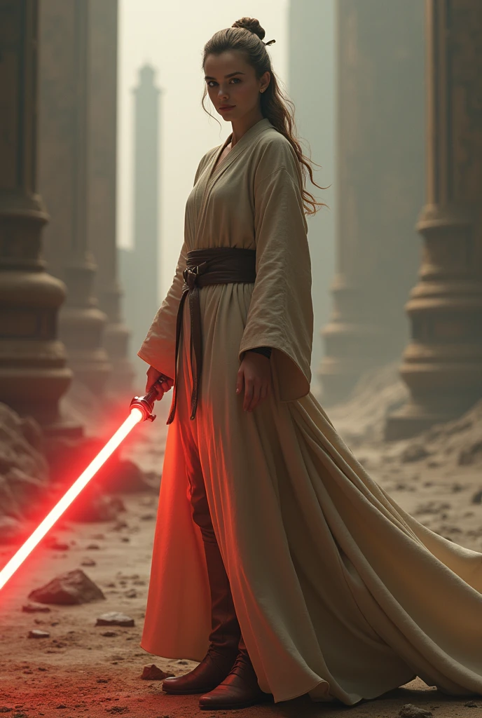 Create an image of Emma Watson being a Jedi Knight 
