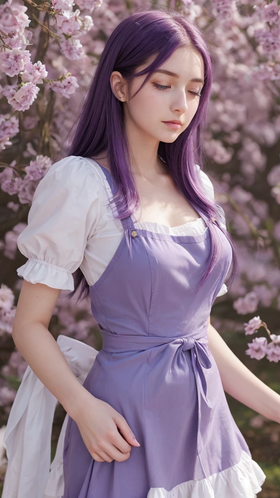 European girl. Facial details. Delicate facial features. Half-closed eyes. blue eyes. Long Straight Hairstyle. Purple Hair. A calm face. ((Dynamic pose)). (Maid clothes). Beautiful thighs. Beautiful bust. Beautiful background. (Armed)