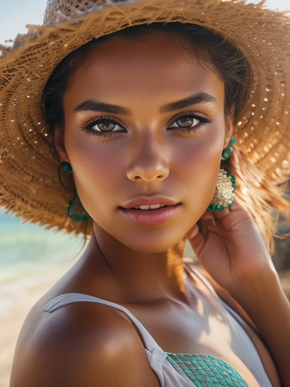 A Brazilian woman posing for a photo, wearing a white bikini, with tanned skin and a tall, sexy body. The woman has a confident and alluring expression on her face, with beautiful and detailed eyes, defined cheekbones, and full, luscious lips. Her long eyelashes enhance the glamor of her look. She stands in a picturesque beach setting, with white sand and crystal-clear turquoise water in the background. The sunlight gently illuminates her, casting a soft glow on her flawless skin. The high-resolution image showcases ultra-detailed textures, capturing every intricate detail of the woman's beauty and the surrounding environment. The overall image has a realistic and photorealistic feel, bringing out the vibrant colors and natural elements of the scene. The composition and lighting create a visually striking result, emphasizing the sensuality and magnetism of the subject.