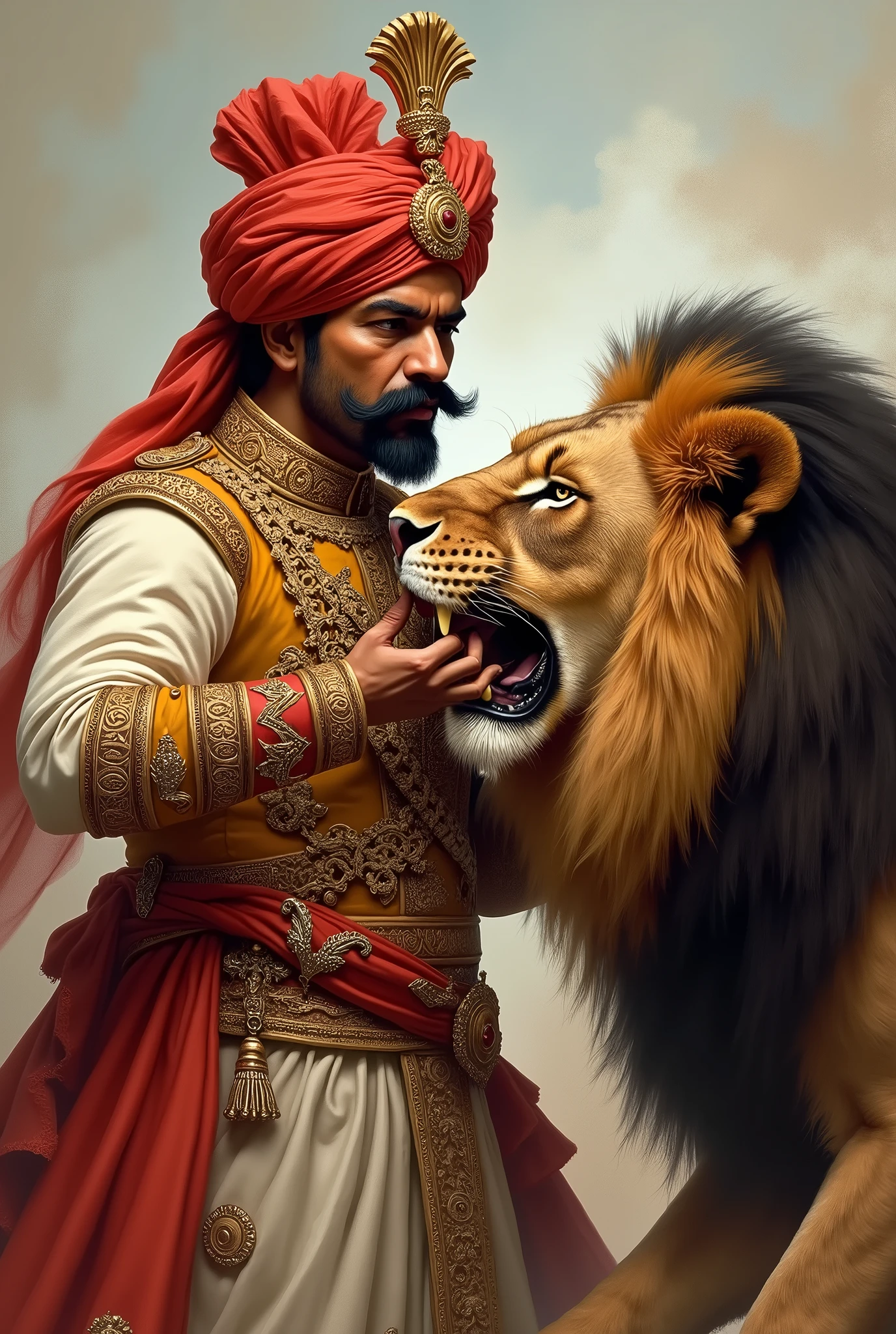 "Maharaja Ganga Singh with large mustaches and no beard, using both hands to scratch the face of a lion."