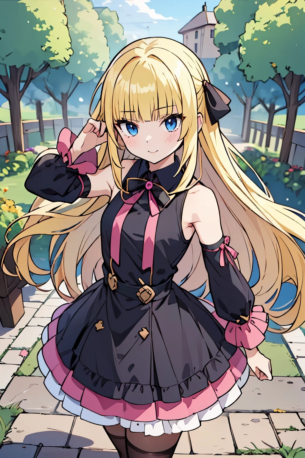 fairy_tail_style, Safe for work, solo girl, (young female body:1.4), (medium small breasts), pigails golden yellow hair, extra long hair, extra long disheveled yellow hair, hime cut, light blue eyes, round eyes, cowboy shot, dynamic posing, medieval town background, standing beside fountain, cobble pathway , trees and bushes,pink outfit, black details, pink amd black griffin style dress, dark pink dress, stockings, detached sleeves, black ribbons in hair, multiple layered skirt, ruffled black skirt, cut off sleeves, dynamic pose, cute posing