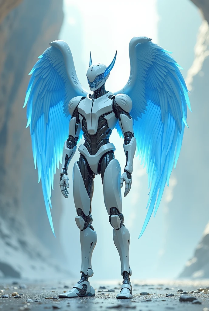 Protogen with angel wings blue and body white and legs light gray and face using a mask