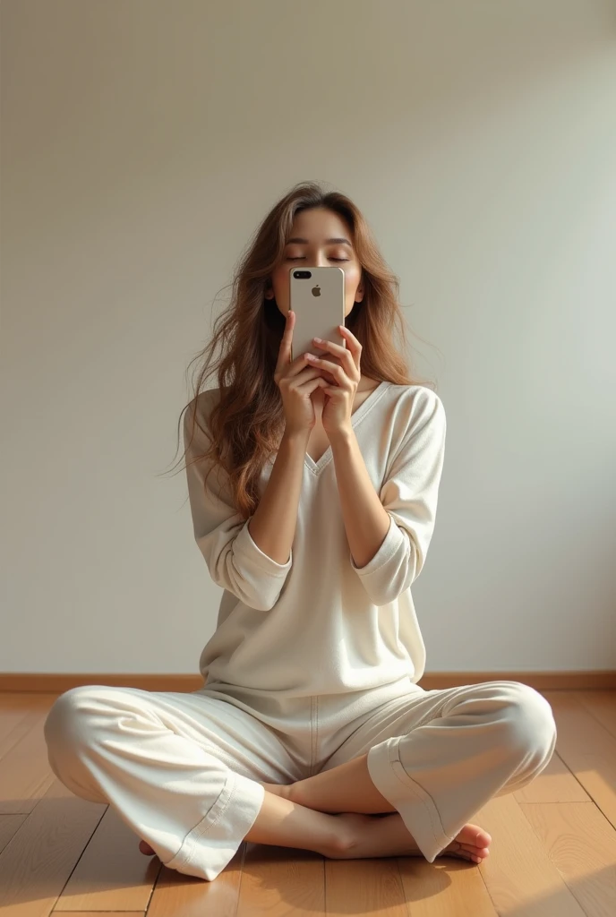 White woman, kneeling on floor with legs stretched out, taking selfie