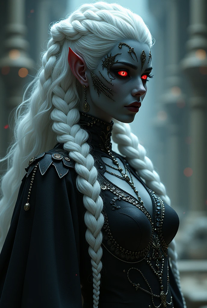 Drow woman, ebonite skin tone, red eyes, white hair braided into a high style, spider-like armor over her dress, white patterns on her face
