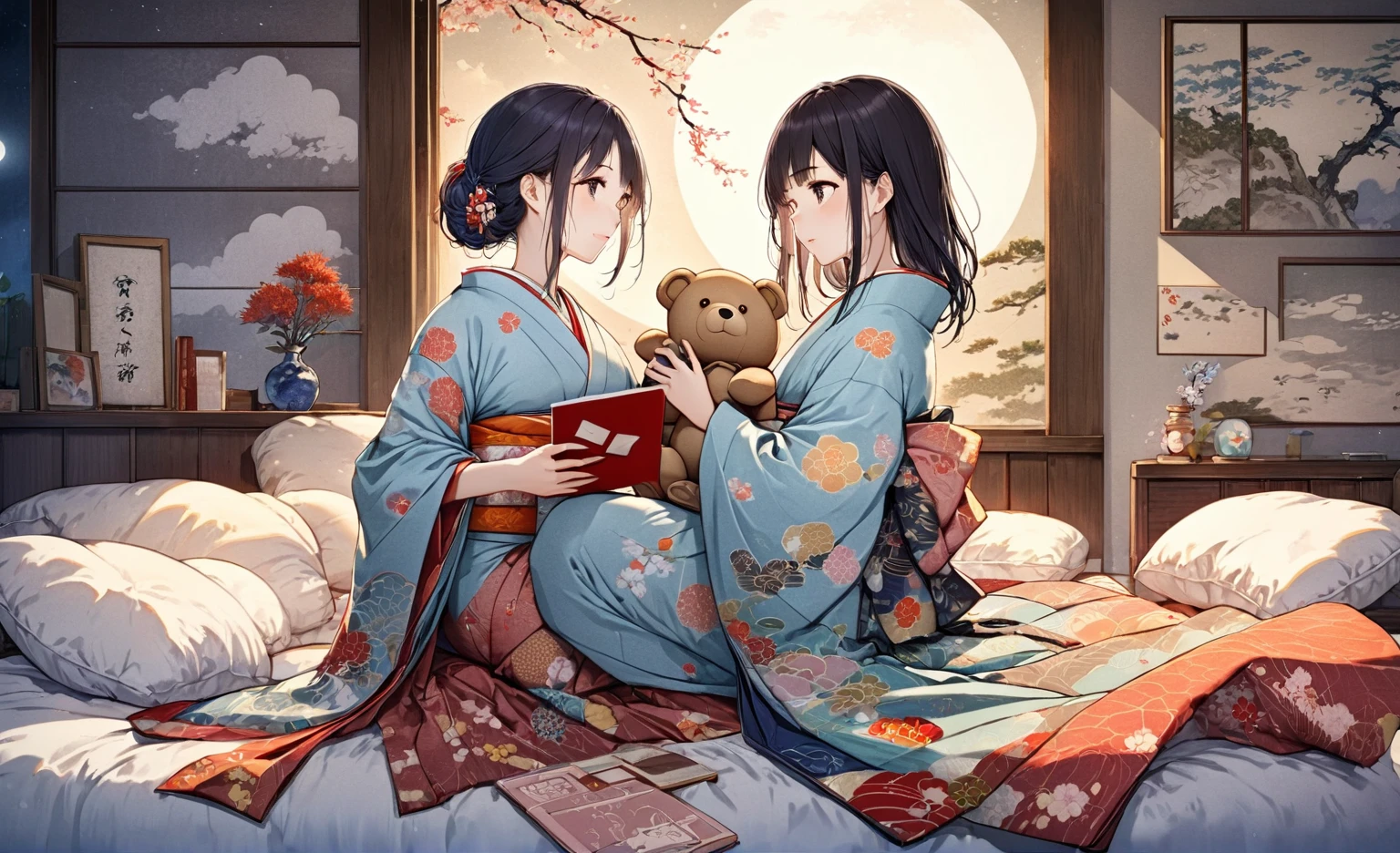 Ukiyo-e, Japanese painting, woodblock print, anime, manga, comics, figure, Beautiful woman, Wearing colorful open-necked kimonos, wariza, Holding a cute teddy bear, 背景ステンドグラスanime,A beautiful young woman,dreamily gazing at a love letter, soft moonlight illuminating her face, cozy bedroom setting, romantic and tranquil atmosphere, photorealistic, highly detailed