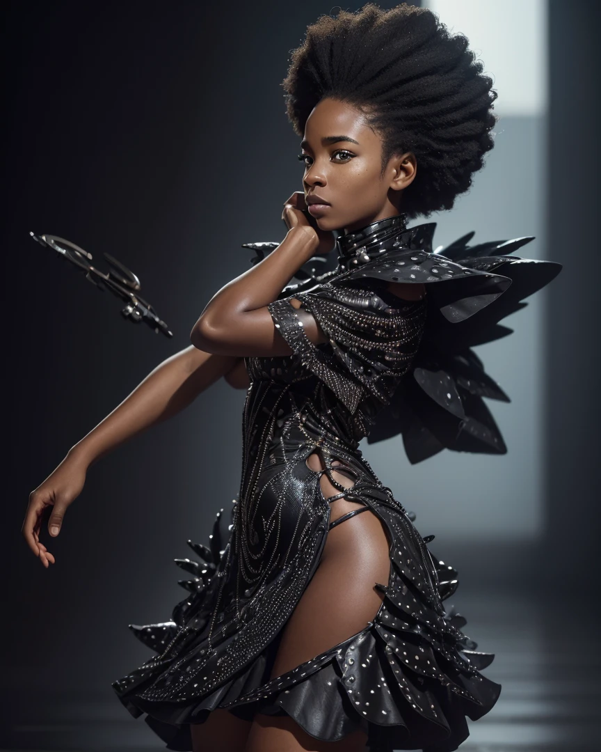 African woman, short dress, posing, black clothing, full body, detailed background, ultradetailed, HD, 8K, highlights, good lighting, ((art by Emmanuelle Moureaux and (Wangechi Mutu:1.1))), nostalgia , Professional high detail photography, detailed skin, textured skin, skin pores, skin details, ((detailed pupils)), high details, photorealistic, sharp focus, nikon d7500 24mm, f/1.4, ISO 100, 1/ 1600s, UHD k, RAW, unedited photography, depth of field, bokeh, dramatic