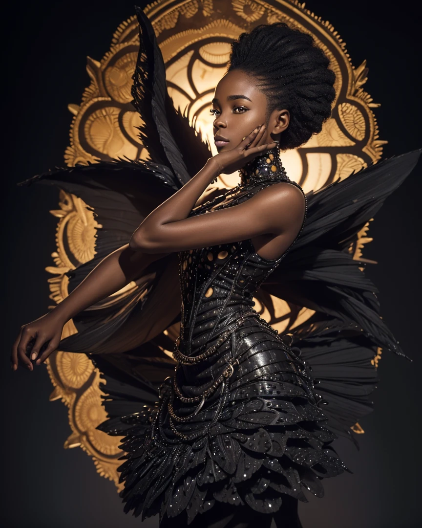 African woman, short dress, posing, black clothing, full body, detailed background, ultradetailed, HD, 8K, highlights, good lighting, ((art by Emmanuelle Moureaux and (Wangechi Mutu:1.1))), nostalgia , Professional high detail photography, detailed skin, textured skin, skin pores, skin details, ((detailed pupils)), high details, photorealistic, sharp focus, nikon d7500 24mm, f/1.4, ISO 100, 1/ 1600s, UHD k, RAW, unedited photography, depth of field, bokeh, dramatic