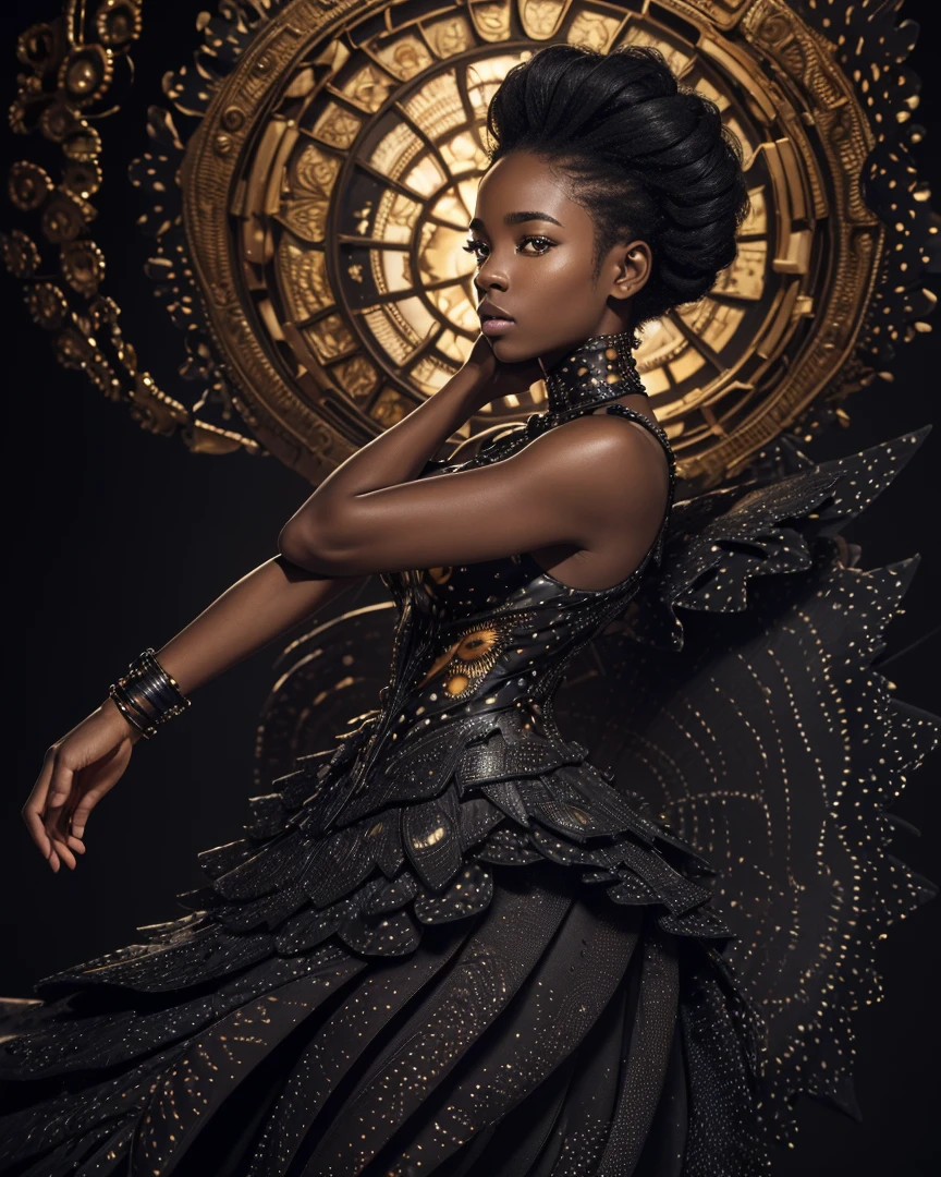 African woman, short dress, posing, black clothing, full body, detailed background, ultradetailed, HD, 8K, highlights, good lighting, ((art by Emmanuelle Moureaux and (Wangechi Mutu:1.1))), nostalgia , Professional high detail photography, detailed skin, textured skin, skin pores, skin details, ((detailed pupils)), high details, photorealistic, sharp focus, nikon d7500 24mm, f/1.4, ISO 100, 1/ 1600s, UHD k, RAW, unedited photography, depth of field, bokeh, dramatic