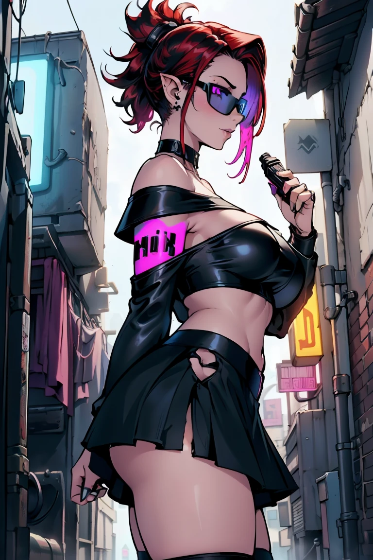 1girl, beautiful elf woman, ((Short Red Hair, Straight, has shine)) Blue eyes, double eyelids, light effect on eyes, detailed irises, beautiful curvy body, glasses, ((Off the Shoulder sleeveless Black top with mini skirt: 1.5)), black choker, black panties, black high heels, ((Work of art, hyper-realistic, hyper detailed, Best Quality, 16k, light and shadow on skin, vivid colors)), ((Mounting a cyberpunk motorcycle lewdly on a alleyway in cyberpunk city: 1.5)), Lustful Expression, ((Hands resting on top of chest)) perfect lips, sexy mature face, lots of freckles all over body, full pouty lips, extreme blush, sensual smile, ((Night)), moonlit sky, Flirting with the viewer, Looking at viewer, Flirty Lewd Smile, ((Large Breasts: 1.2)) ((Full Side View))
