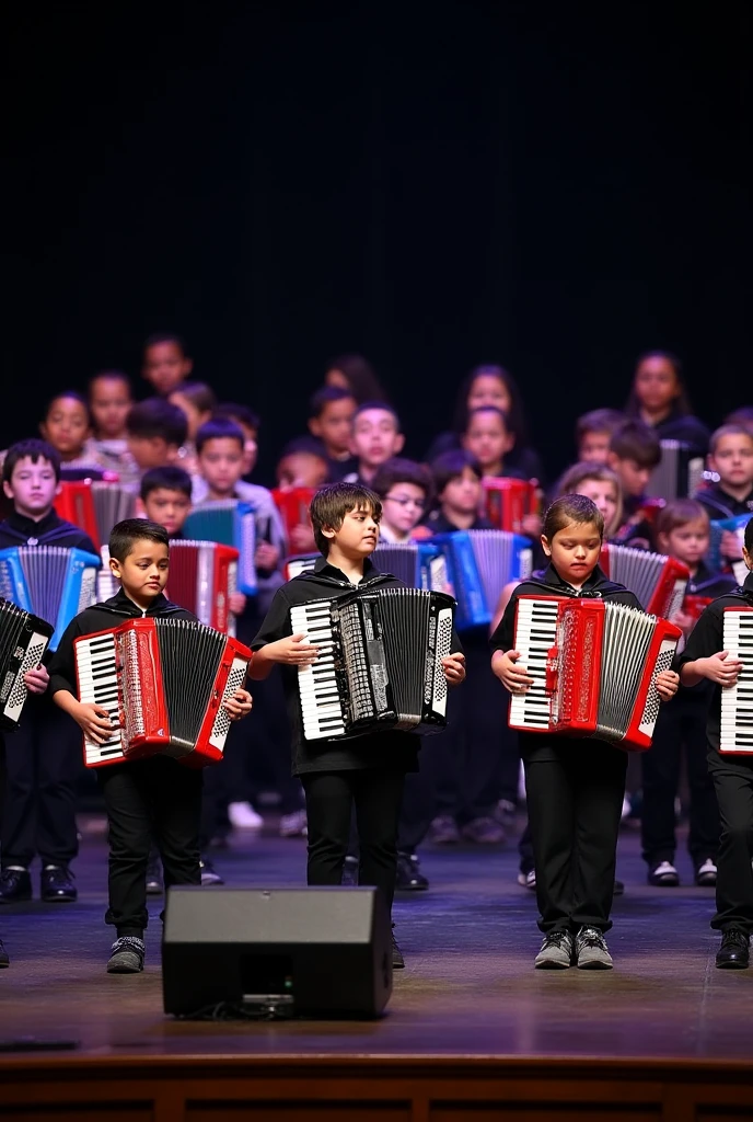 A youth accordion orchestra plays on a stage. Everyone wears black shirts and the accordions have different colors.there are 25 musicians 
