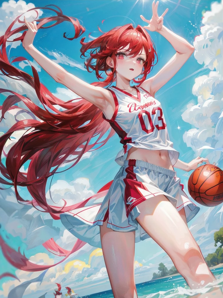 Visually it resembles Akashi, with bright red hair, which are slightly shorter and perhaps a little wavier, giving it a feminine, but still has a powerful charisma. Her eyes are also an intense red, that immediately attracts attention.Rina wears Rakuzan High’s basketball uniform – a white jersey with blue and red accents, that proudly displays the name and number of your team. The colors contrast strongly with her skin, which is bright and flawless, and emphasize your athletic figure.