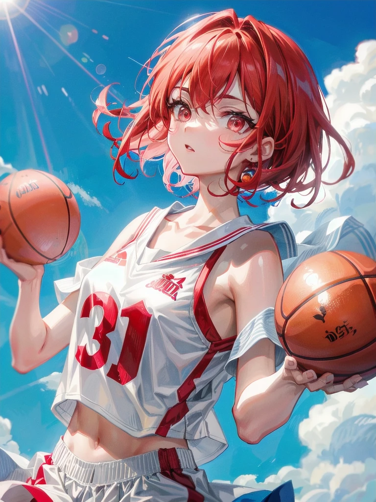 Visually it resembles Akashi, with bright red hair, which are slightly shorter and perhaps a little wavier, giving it a feminine, but still has a powerful charisma. Her eyes are also an intense red, that immediately attracts attention.Rina wears Rakuzan High’s basketball uniform – a white jersey with blue and red accents, that proudly displays the name and number of your team. The colors contrast strongly with her skin, which is bright and flawless, and emphasize your athletic figure.