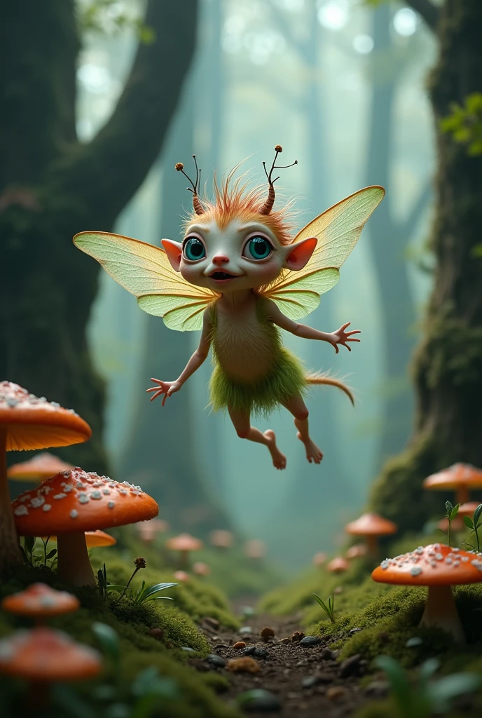 a fairy with a crazy appearance, very small flying in the air. an enchanted forest in the blurred background, a little dark. several tall logs and mushrooms with red and purple coloring.