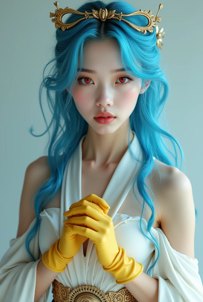 masterpiece、1 beautiful girl、Beautiful Eyes、smile、Puffy eyes、Highest quality, 超High resolution, (reality: 1.4), Cinema Lighting、Japanese、Asian Beauty、Korean、so beautiful、Beautiful Skin、Body facing forward、Face close-up、Upper body close-up,(超reality的な)、(High resolution)、(8k)、(Very detailed)、(美しくBeautiful Eyes)、(Very detailedな)、 (wall-)、Detailed face、Bright lighting、Professional Lighting、Looking at the audience、Look straight ahead、Diagonal bangs、Bright light Blue Hair、Nogizaka Idol、20-year-old、masterpiece, Highest quality, Very detailedな, shape, Sage_(dq3),Long Hair, Blue Hair, Circlet, Red eyes,Small breasts, Yellow gloves, White Dress, belt, Cape, boots,