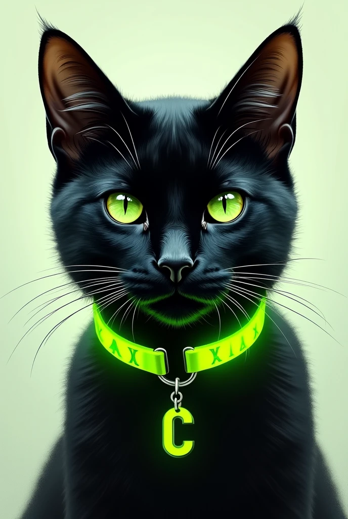 black cat face drawing, neon green collar with a c