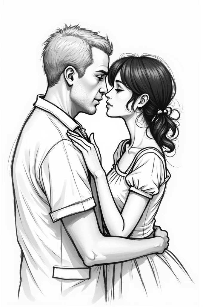 sketch style, black and white. image of a sweet and submissive young woman, possibly with a man older than her