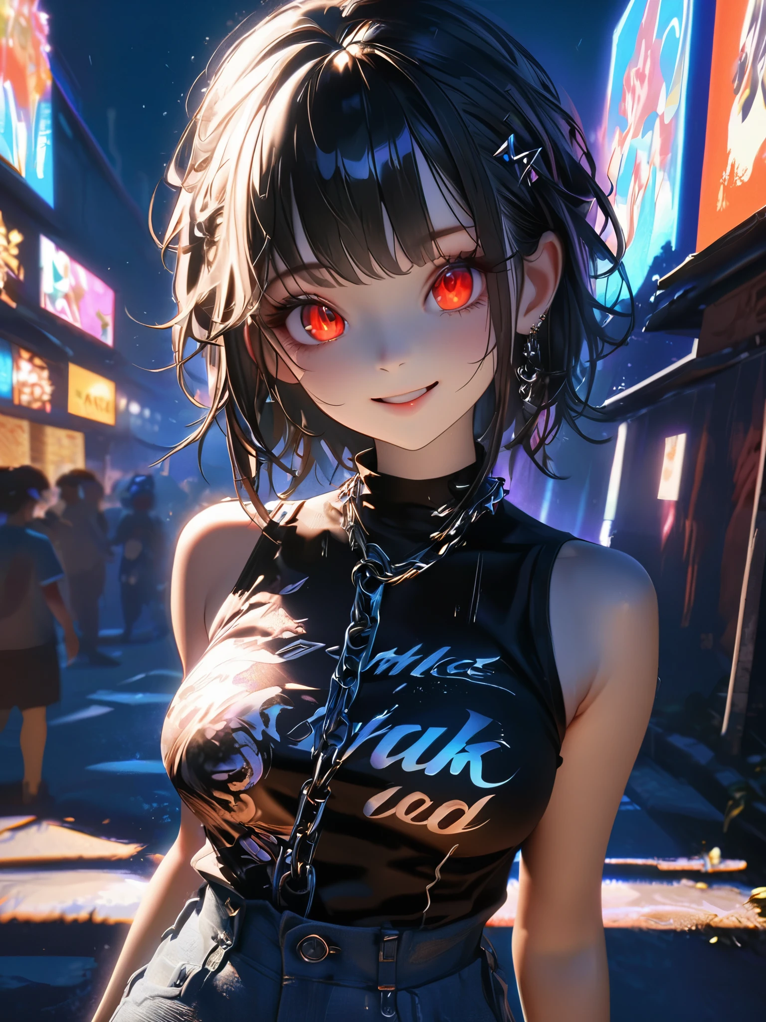 1 person, chromatic aberration, Written boundary depth, Soft Light, masterpiece, Highest quality, complicated, Tone Mapping, A place where fireworks are set off at festivals. Concept Art, Smooth, Clear focus, Dramatic lighting, Very cinematic, super practical painting, アートステーション's trending, 8k, Incredible Shadows, practical, whole body, View, Viewers, Portrait of a Girl 1, standing on street corner, Heavy rain and lightning、Dark Sky, neon and cyber punk background, she is dressed in punk clothing with silver chains and silver spikes, Her hair was dyed a bright black color..........Ominous aura of light, smile, punk, ciber punk, Backlight.Fashionable clothes、Friendly dress code:Stylish light blue sleeveless denim style.My breasts are a little big.Beautiful red eyes