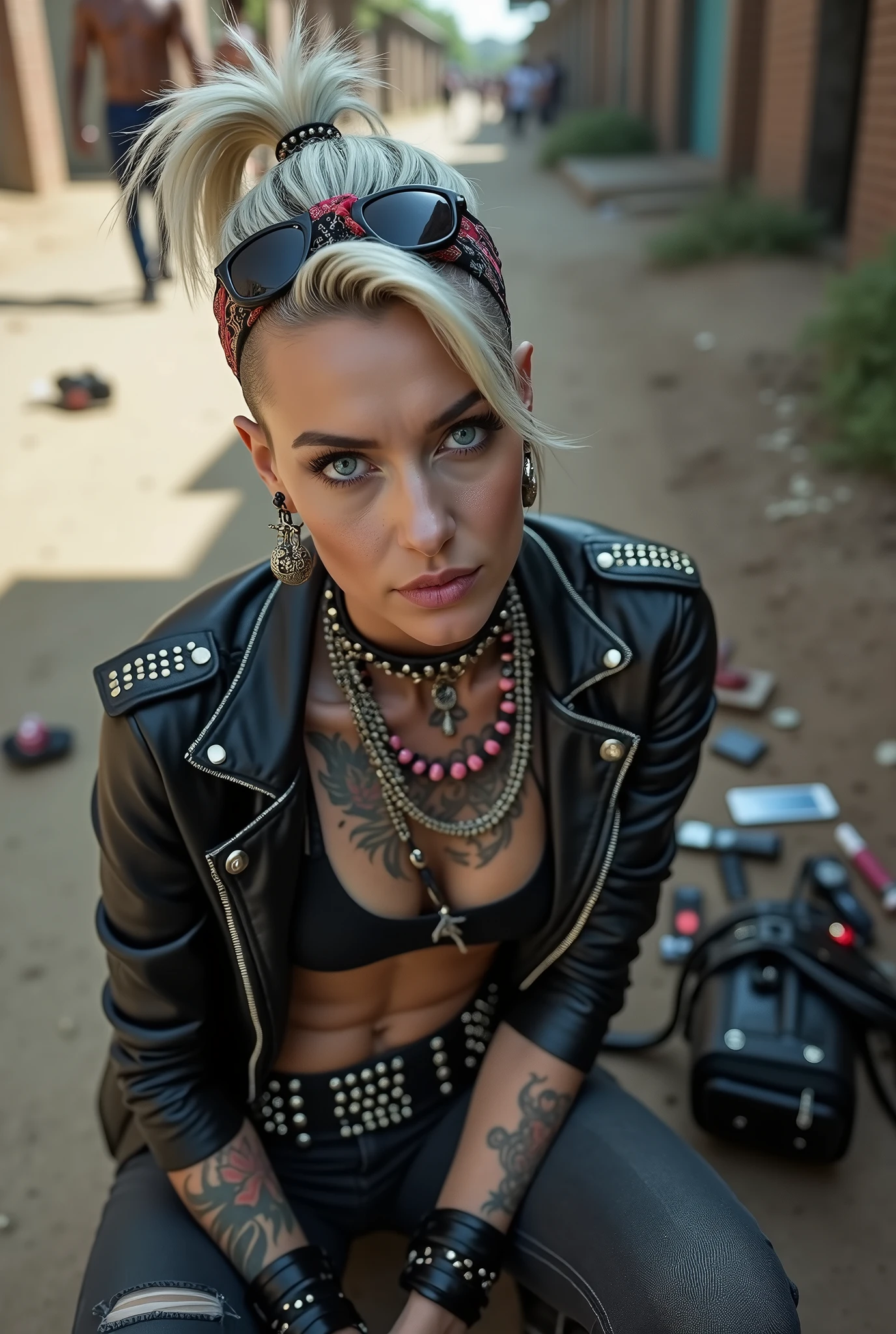 russian milf woman, grey hair (pouf, shaved sides, ponytail) and oversize wide colourful bandana as headband, with very light blue eyes, extremely pale. Wearing cropped black moto jacket with lots of zippers and pins, black push up bra with white seams, dark skinny blue jeans with holes in knees. Dirty white tennis sneakers . Lots of metallic bracelets and colourful beads collars. Tacky wide studded leather belt with oversized skull and bones buckle. Long bohemian earrings with feathers. Squatting, looking at the camera. Shy, humble facial expression. Hands on her knees, studded black leather tote bag with chains next to her Listening in amazement to somebody speaking to her, Toned abdominals, thin neck, slim legs and thin arms. Chest, neck and hands tattoed heavily. Dirt road in Kenia village, crowded with shirtless men in jeans. next to her, coins , mobile, lipstick, makeup kit and sunglasses and all her belongings scattered on the floor