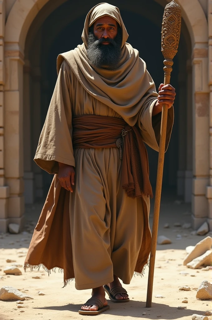 Ethiopian man, jew in typical clothes, holding a staff, coming towards me diagonally
