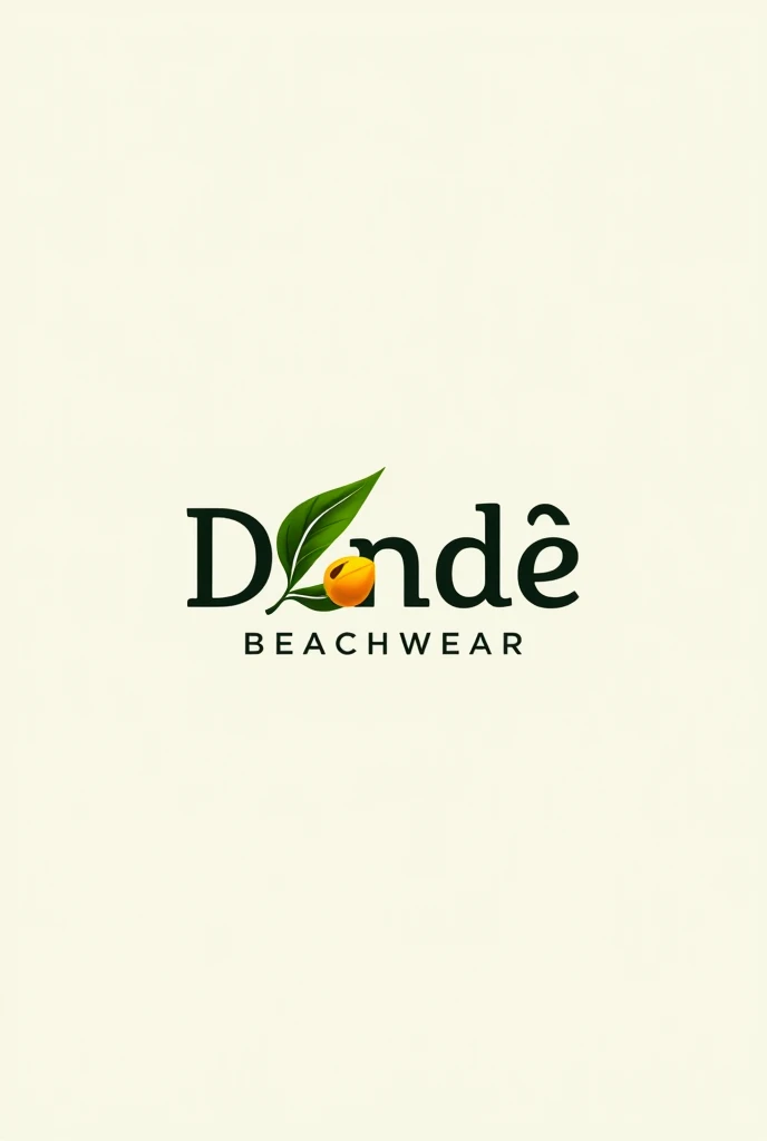 A logo with the name Dendê Beachwear, with a leaf shading the beginning of the word Dendê and the Dendê fruit at the end of the two letters of Dendê