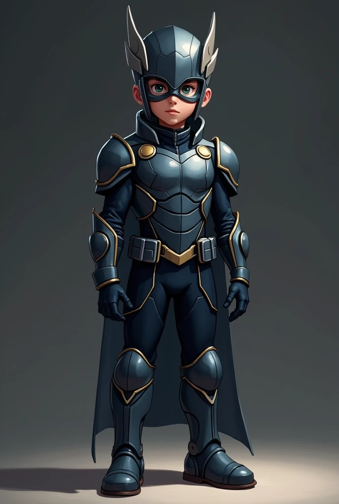 a boy wearing a costume inspired by Shoto from My Hero Academia. black costume, very dark blue, with a metallic vest and pieces of armor that fit the body like armor and a helmet on the head in homage to the god Thor that joins the mask that covers only the eyes, leaving the mouth exposed, It looks like Thor's helmet and Robin's mask together. realistic suit, boy of average height. full body suit concept art, standing on neutral dark background.