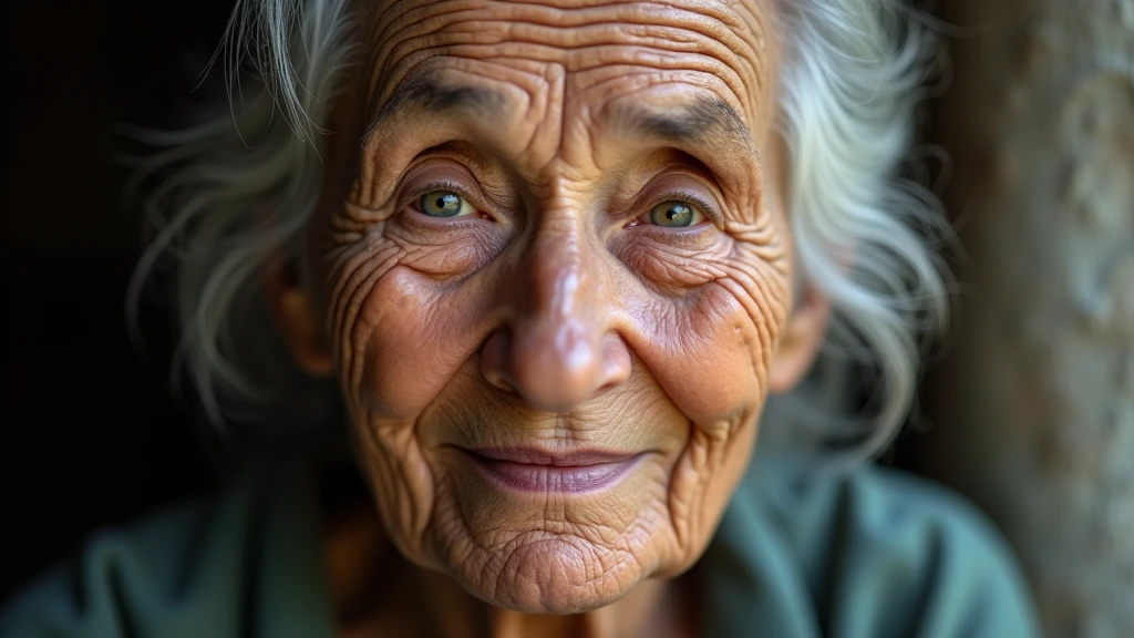 : A close-up shot of a smiling elderly woman with wrinkles that tell stories of wisdom, her eyes reflecting years of experience. 8k  