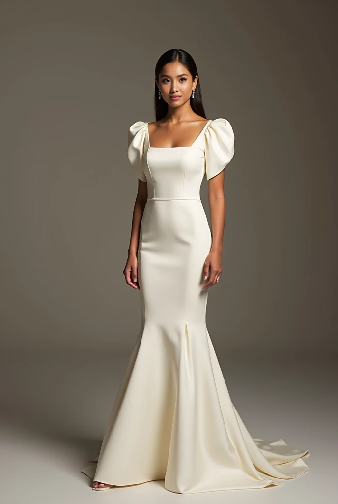 Create a bride's wedding dress. A plain, simple but elegant off-white puff sleeve, swuare neck mermaid satin dress for a female, 5'1ft, 46kg in weight and  27 waistline. front. With the face of Joan Cueto from Alangilan, Batangas City, Philippines.