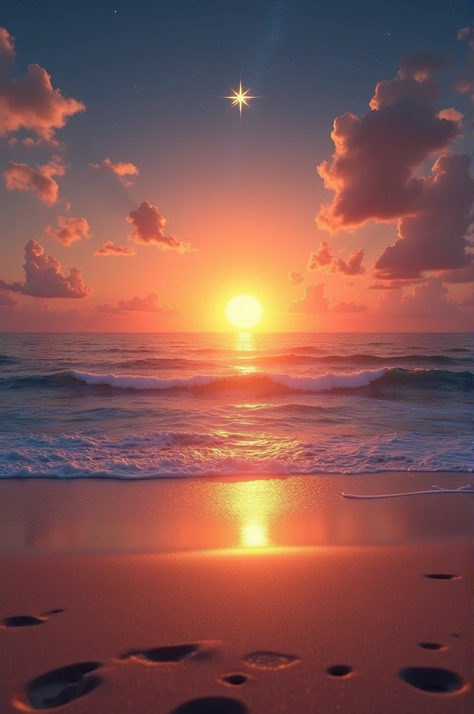 Capture a sunset from the beach where a star can be seen next to the sun. 