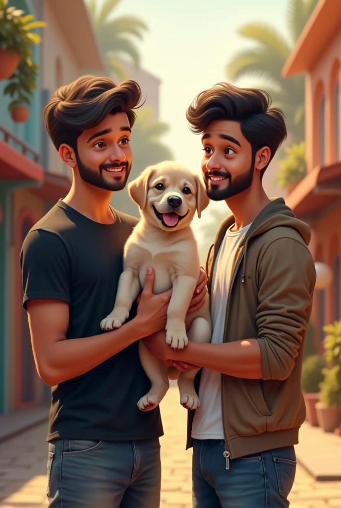 Please create an image in16:9 ratio
In picture I’m holding a labrador cream color dog puppy with high tongue out in cute pose and my friend is there with me and his one hand is on my shoulder
We both friends are north indian male with fair color tone
I’m clean shaved and my friend is in small beard
I’m wearing black t shirt and he is carrying white t shirt with jacket
And jeans with good sneaker
