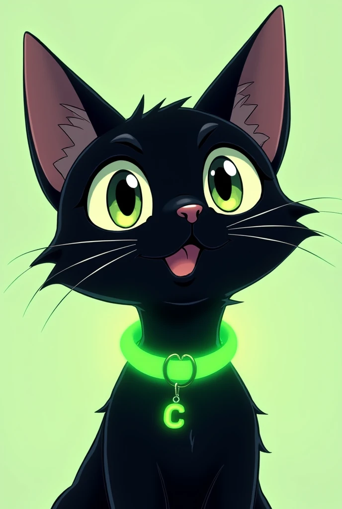 black cat face anime, neon green collar with a c