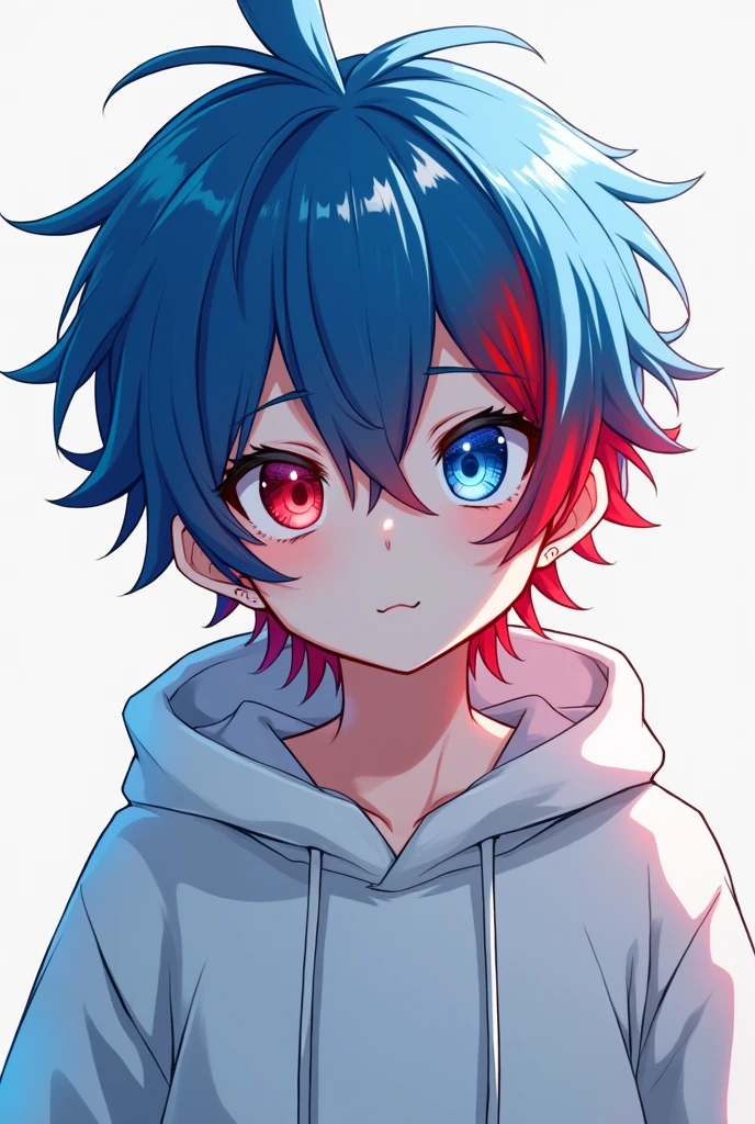 Hoodie White. Hair blue and Hair red eyes blue and eyes red anime boy