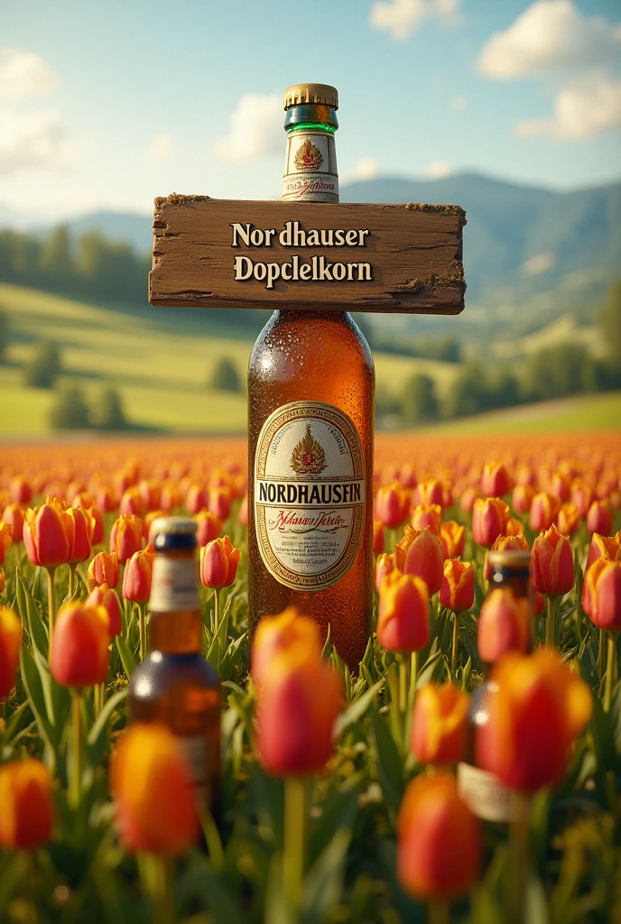 Create a field of Nordhäuser Doppelkorn bottles ,In the middle is a sign with the inscription Harm's Kornfeld