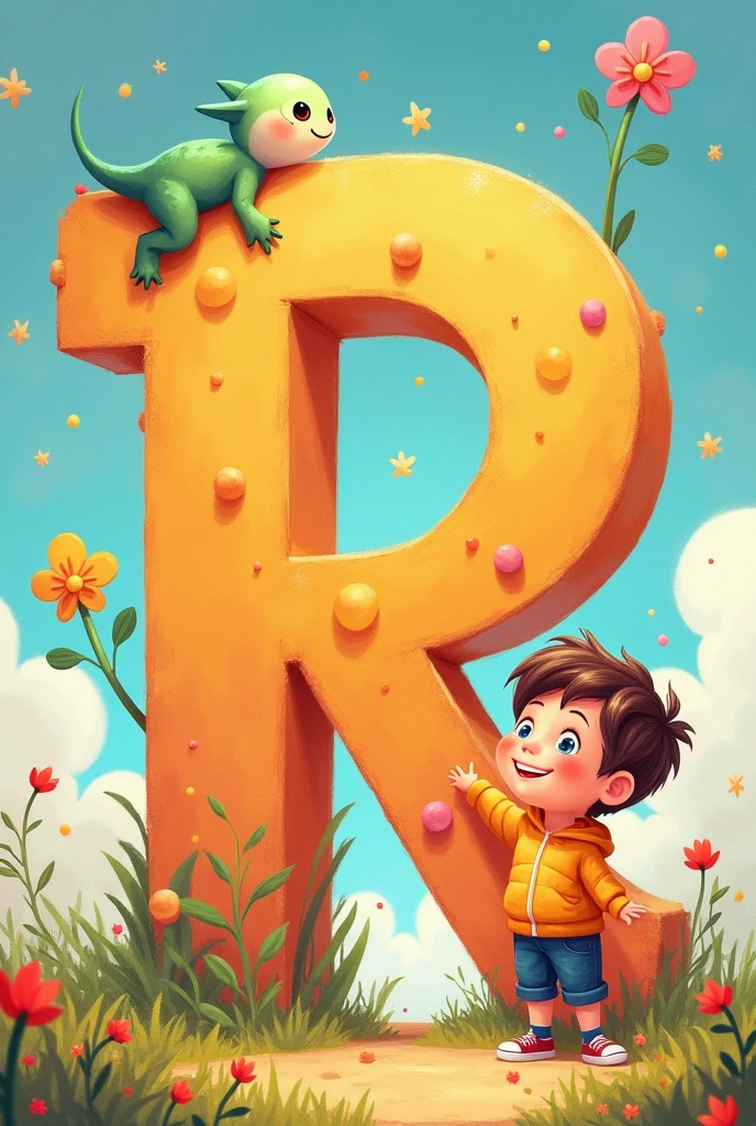 Letter R with kid standing with it