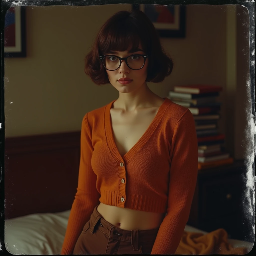 High Definition, 8k quality, Masterpiece, velma, huge dream girl , beautiful face, kiss lips, short bob hairstyle, long bangs, perfect make up, realistic face, detailed eyes, Blue eyes, Brown hair, eyelashes, mouth slightly open, bedroom, sitting in bed, showing cameltoe, eyes to the viewer, orange knit turtleneck sweater, glasses with clear lenses, red skirt,