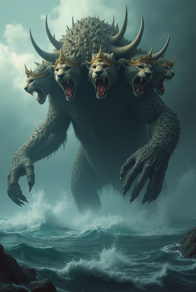 A beast coming out of the sea with seven heads and 10 horns and on its head 10 diadems, similar to the leopard, bear's feet, lion's mouth.