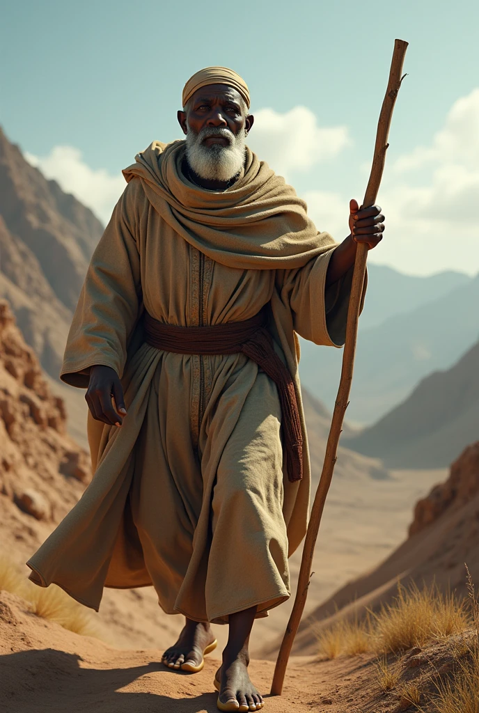 Ethiopian man, jew in typical clothes, holding a staff, going up towards me diagonally