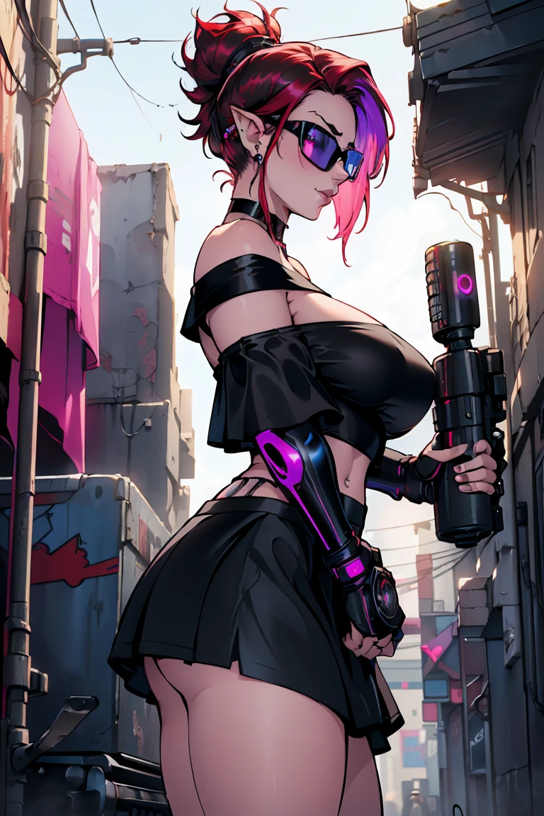 1girl, beautiful elf woman, ((Short Red Hair, Straight, has shine)) Blue eyes, double eyelids, light effect on eyes, detailed irises, beautiful curvy body, glasses, ((Off the Shoulder sleeveless Black top with mini skirt: 1.5)), black choker, black panties, black high heels, ((Work of art, hyper-realistic, hyper detailed, Best Quality, 16k, light and shadow on skin, vivid colors)), ((Mounting a cyberpunk motorcycle lewdly on a alleyway in cyberpunk city: 1.5)), Lustful Expression, ((Hands resting on top of chest)) perfect lips, sexy mature face, lots of freckles all over body, full pouty lips, extreme blush, sensual smile, ((Night)), moonlit sky, Flirting with the viewer, Looking at viewer, Flirty Lewd Smile, ((Large Breasts: 1.2)) ((Full Side View))