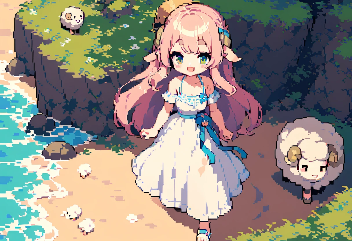 masterpiece, Highest quality, 8k, \(Pixel art, Vivid, Highest quality\), \((One person, Sheep)), (young woman, Open your mouth, Fluffy hair, Long Hair, Hair like sheep's hair, Pink Hair, eyebrow, 太いeyebrow, White dress, Straw hat, High heel sandals\), (Highest quality:1.0), (\Seaside, Walking on the beach, evening\), 1 sheep