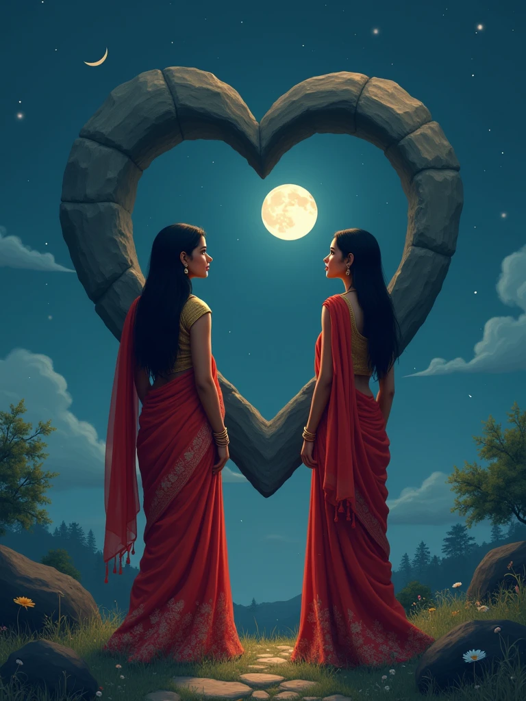 There is a 2 Indian girl she is wearing a red saree and she is standing in the moonlight nights there is a very big heart shaped stone in front of her