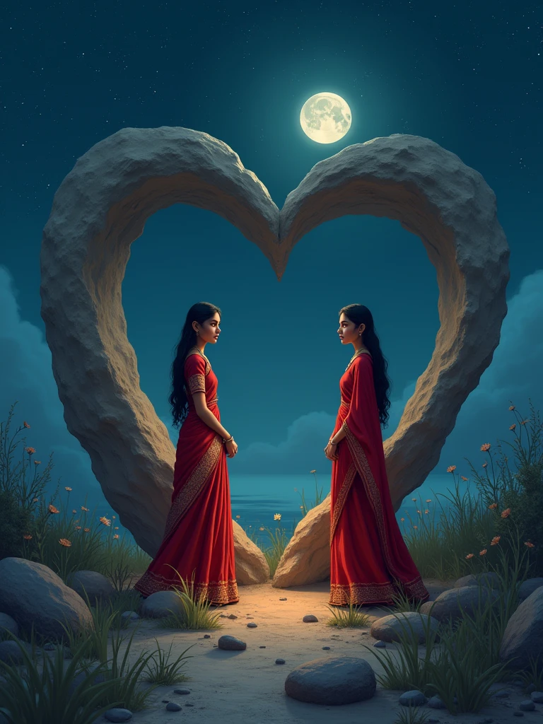 There is a 2 Indian girl she is wearing a red saree and she is standing in the moonlight nights there is a very big heart shaped stone in front of her