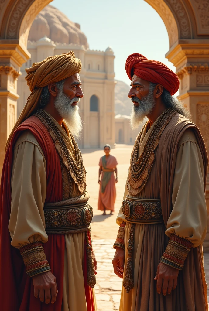 2 Rajput princes who are very old are standing outside a palace in a desert area and are talking to an old woman. 